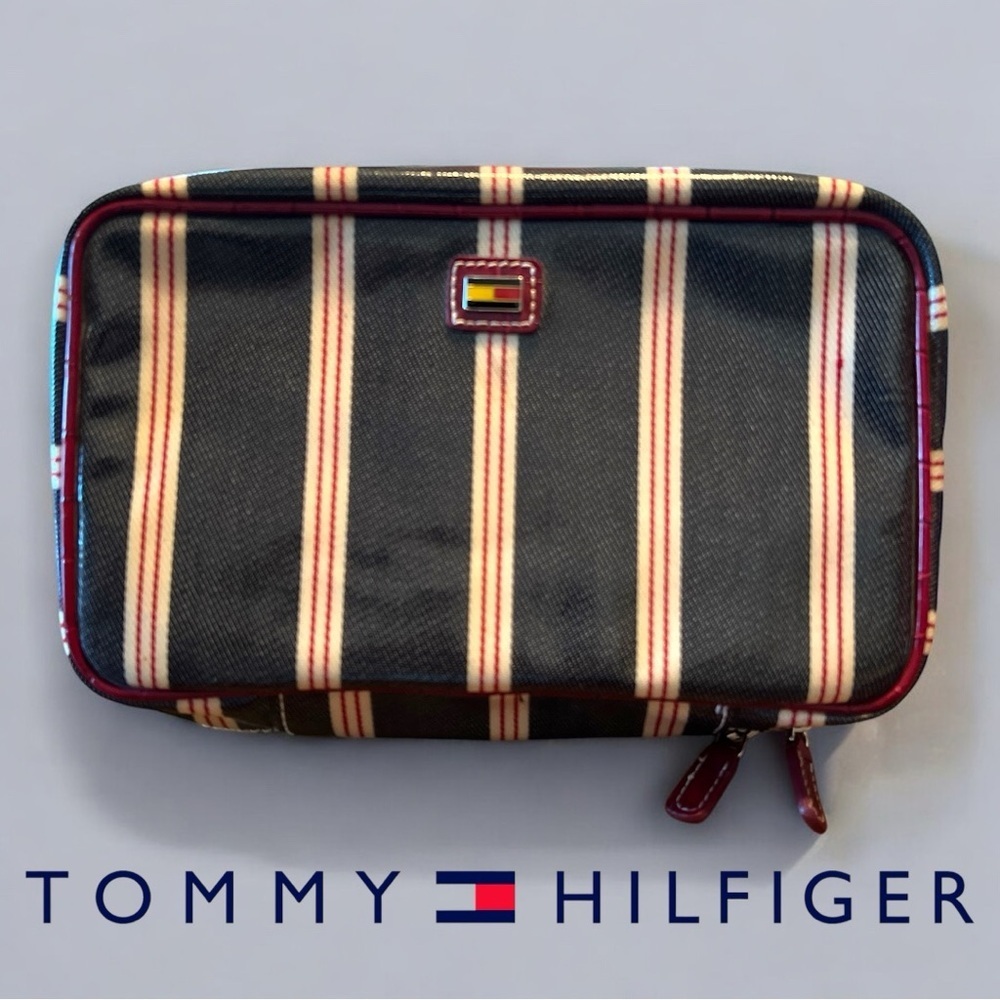 Tommy Hilfiger Blue Toiletry Bag with Striped Design and Zipper Closure